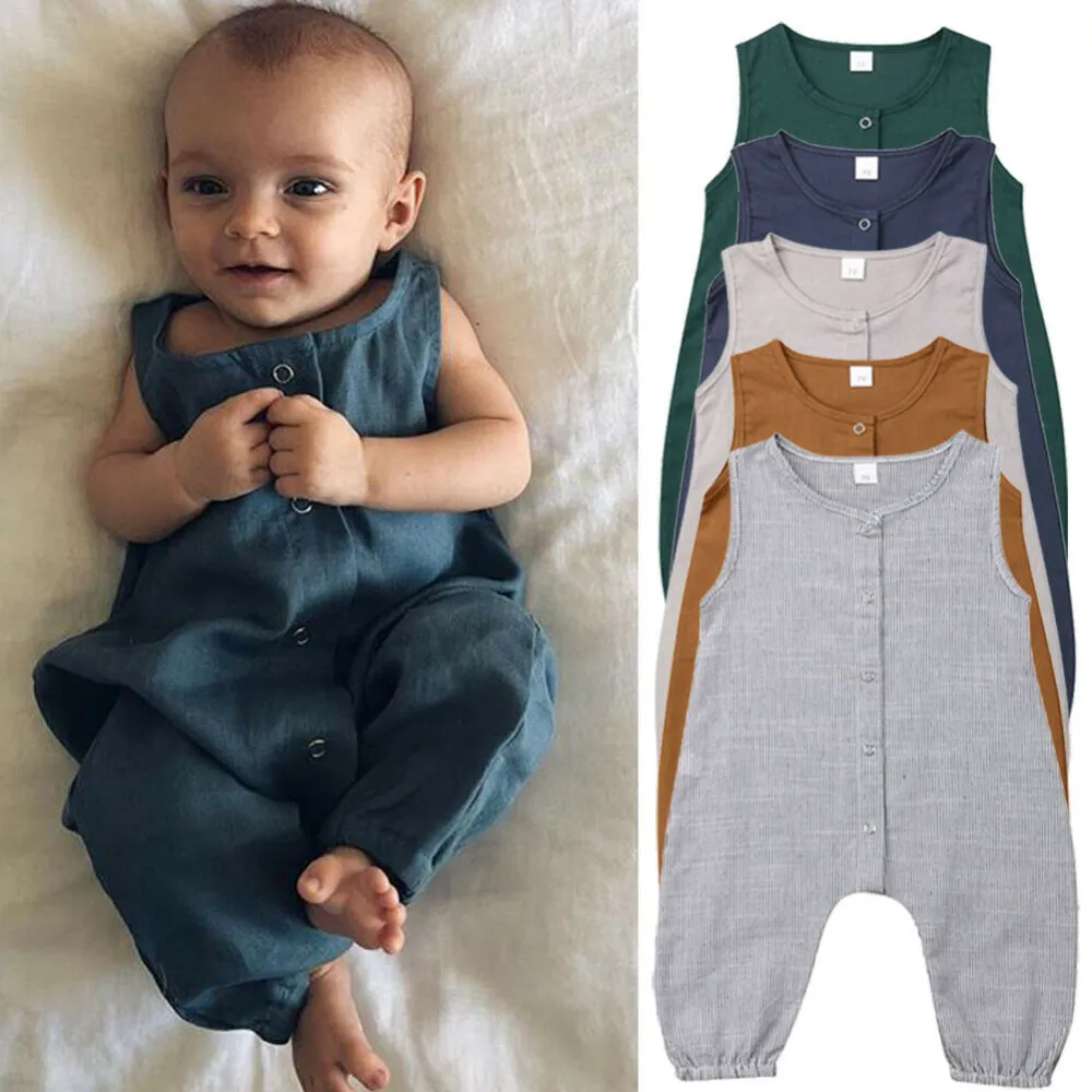 Newborn Baby Sleeveless Jumpsuit Cotton Solid Color Button Long Pants Romper