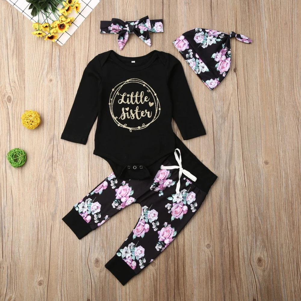 Baby Autumn Outfits, Letter Print Romper + Floral Casual Pants + Hat + Headband