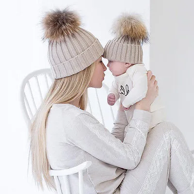 Women Baby Warm Winter Hat, Casual Knit Wool Knit Wool Fur Pom Crochet Ski Cap