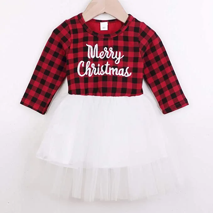 Girl Plaid Christmas Long-Sleeved Mesh Letters Stitching Dress