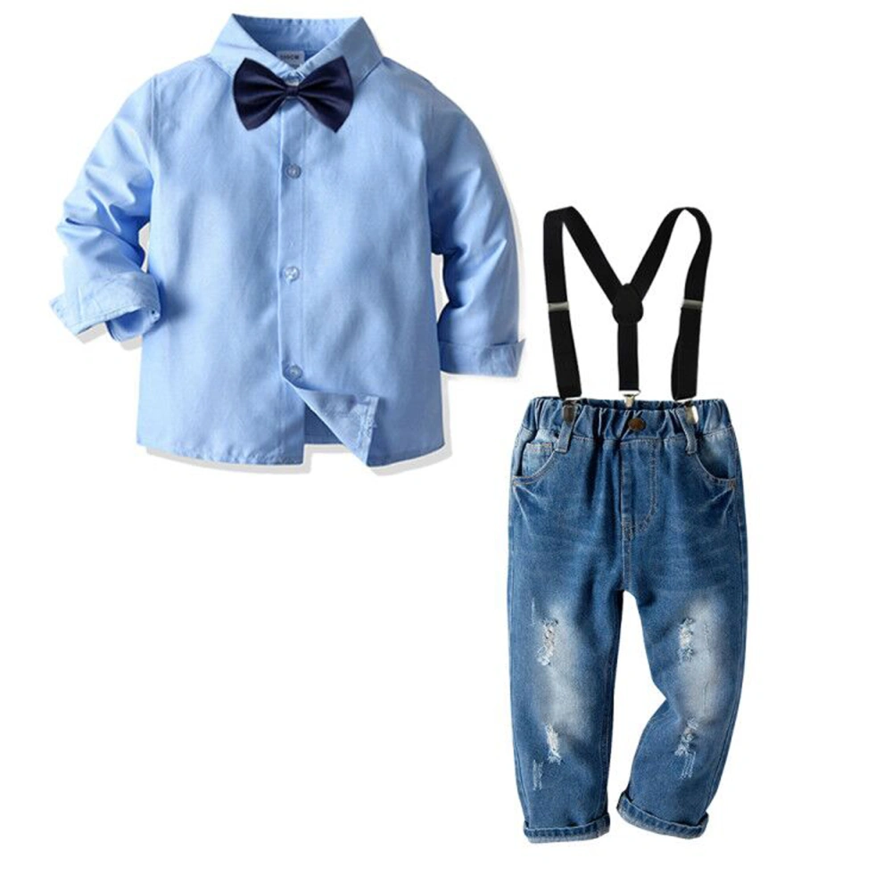 Boy's 4 Pcs Clothing Set, Lapel Shirt + Ripped Pants + Bow Tie + Strap