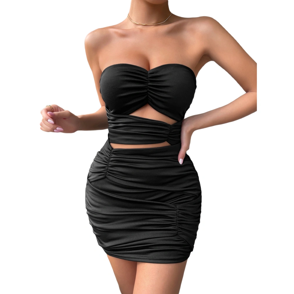 Women Strapless Dress, Solid Color Off Shoulder Ruched Hollow Dress