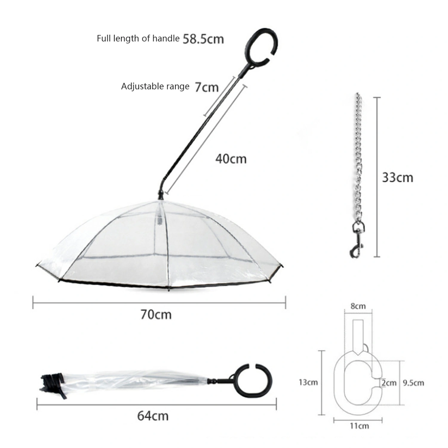 Pet Umbrella with Ergonomic Handle, Transparent Adjustable Leash