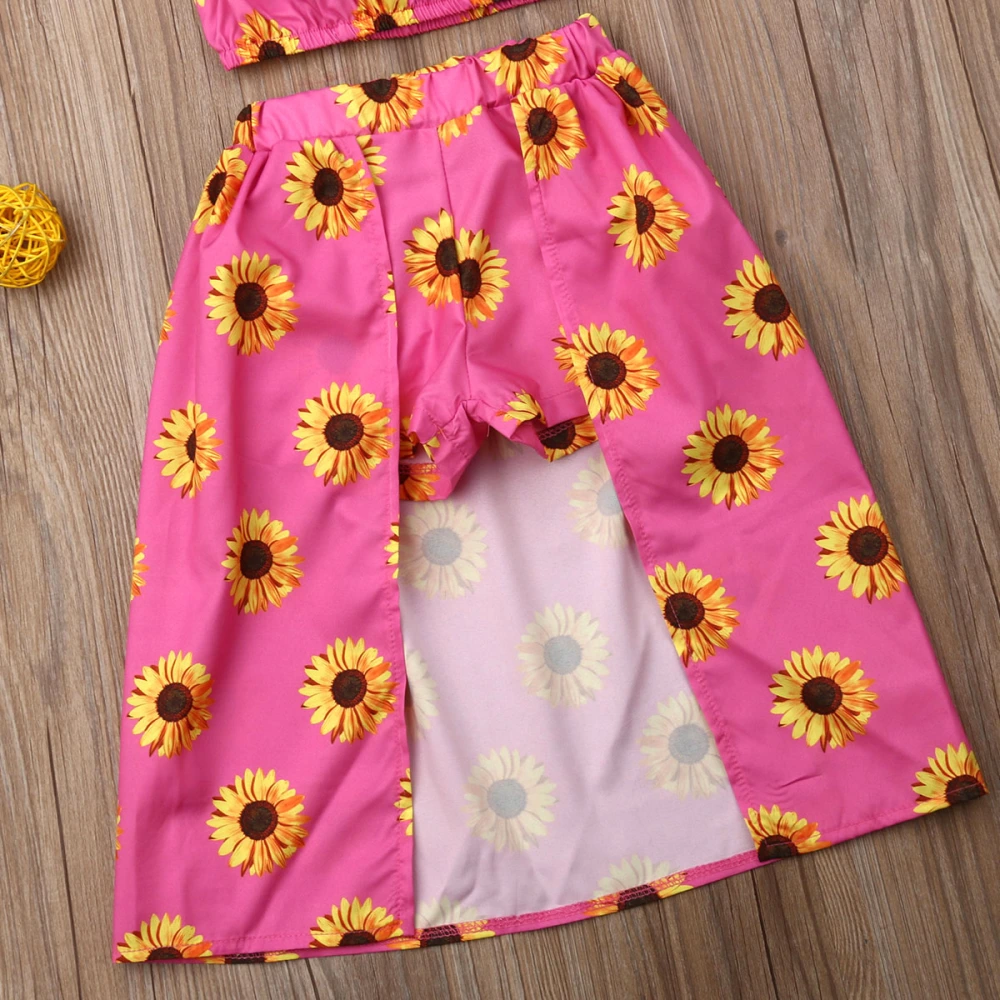 Girls' Off Shoulder Top and Skirt Outfits Set Sunflower Print Clothes Set