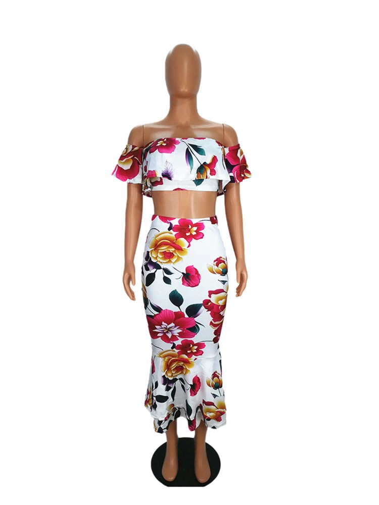 Ladies Skirt Suit Off Shoulder Floral Print Tops Stretch High Waist Dress Set