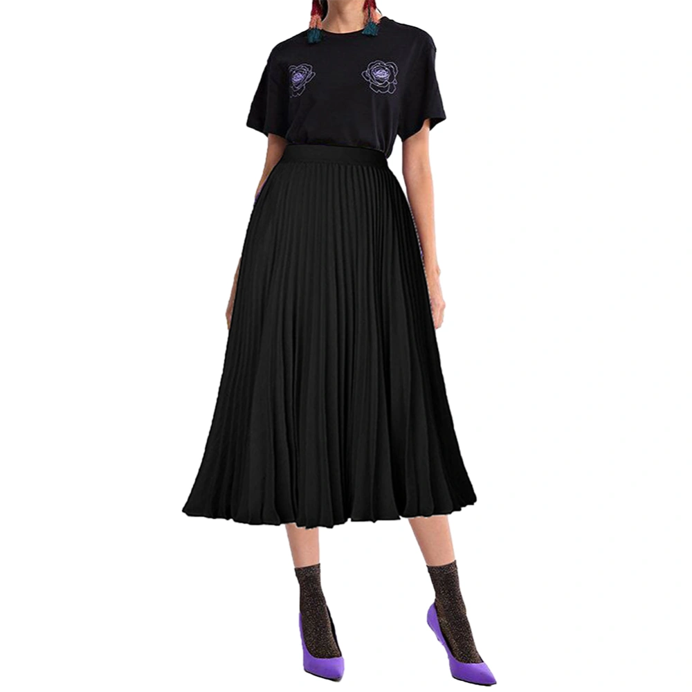 Ladies Solid Color Midi Skirt Female Casual Pleated Dress Half Skirt