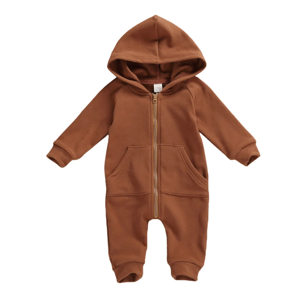 Newborn Baby Long Sleeve Romper Solid Color Long Pants Zipper Hooded Jumpsuit