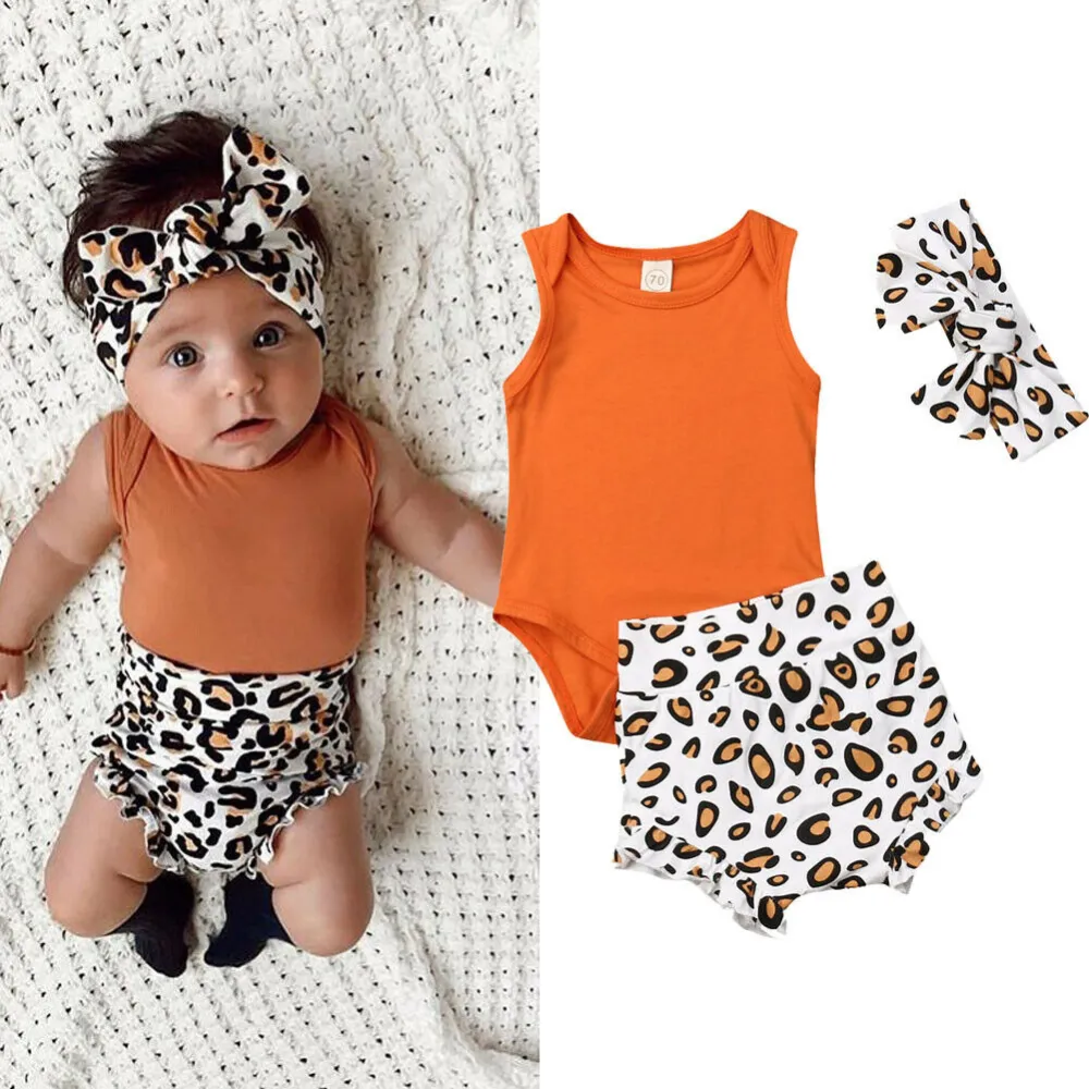 Baby Girls Summer Clothes Set Sleeveless Romper+Leopard Shorts+Headband