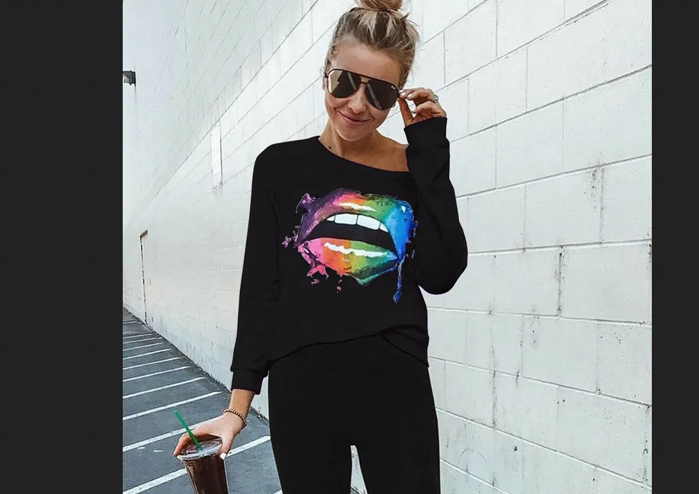 Women's Printed Lip Tops, Elastic Cuffs O-Neck Casual Top Clothes