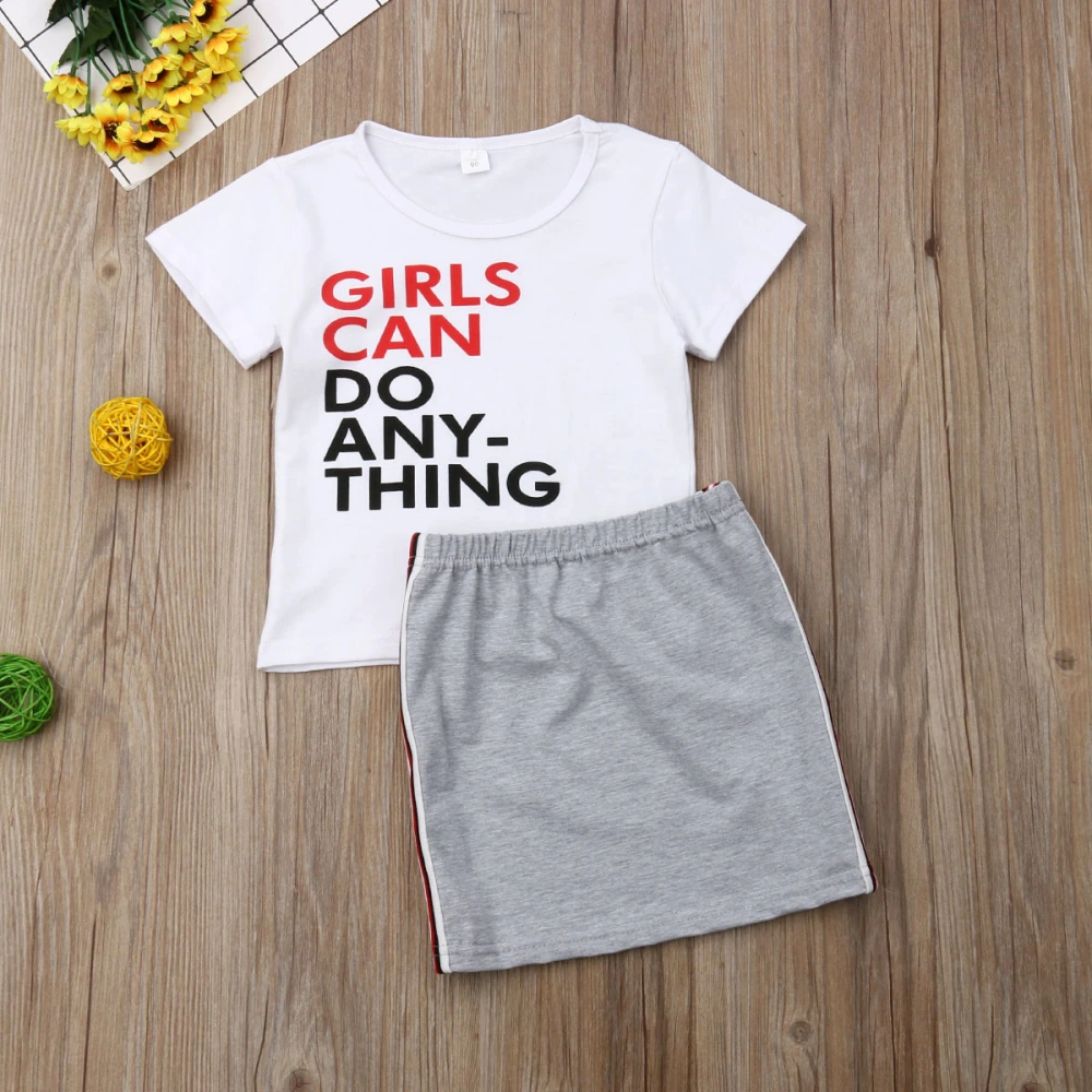 Baby Girl's Short Sleeve Round Neck Letter Print T-Shirt + Grey Skirt