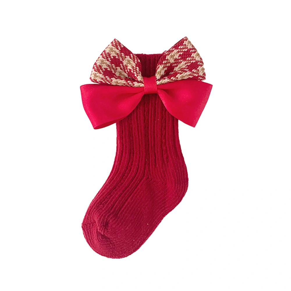 Girls Houndstooths Anti-Slip Ribbed Knit Medium Tube Bowknot Socks