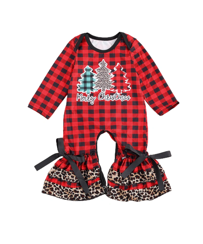 Baby Xmas Romper, Xmas Tree/Bull Head Printed Long Sleeve Plaid Romper