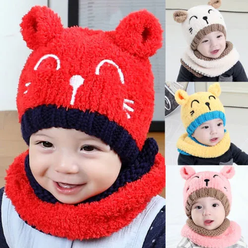 Baby Winter Two Piece Hat Set Cartoon Beanie Cap Hooded Knitted Scarf Set