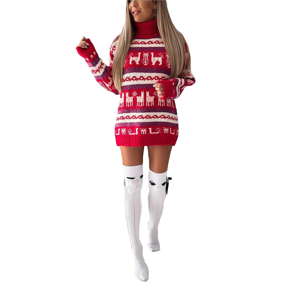 Women Knitwear Dress, Christmas Elements Long Sleeve High Neck Sweater