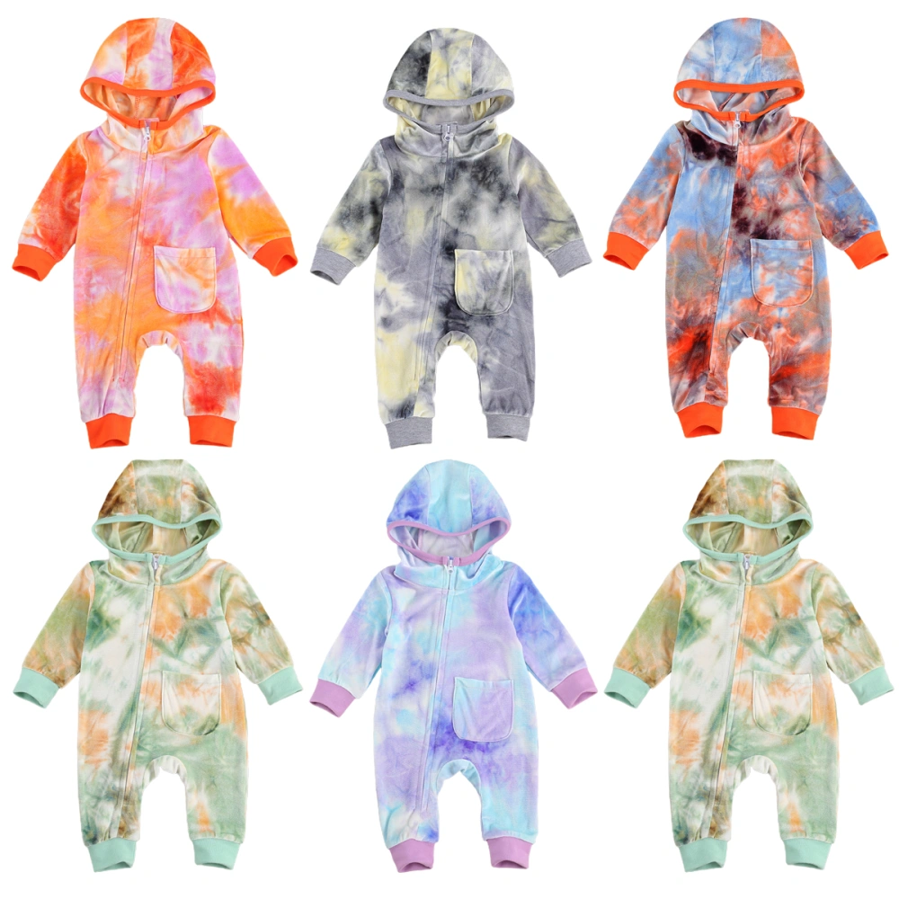 Baby Autumn Wear, Multicolor Tie-Dyed Hooded Long-Sleeves Zipper Open Jumpsuit