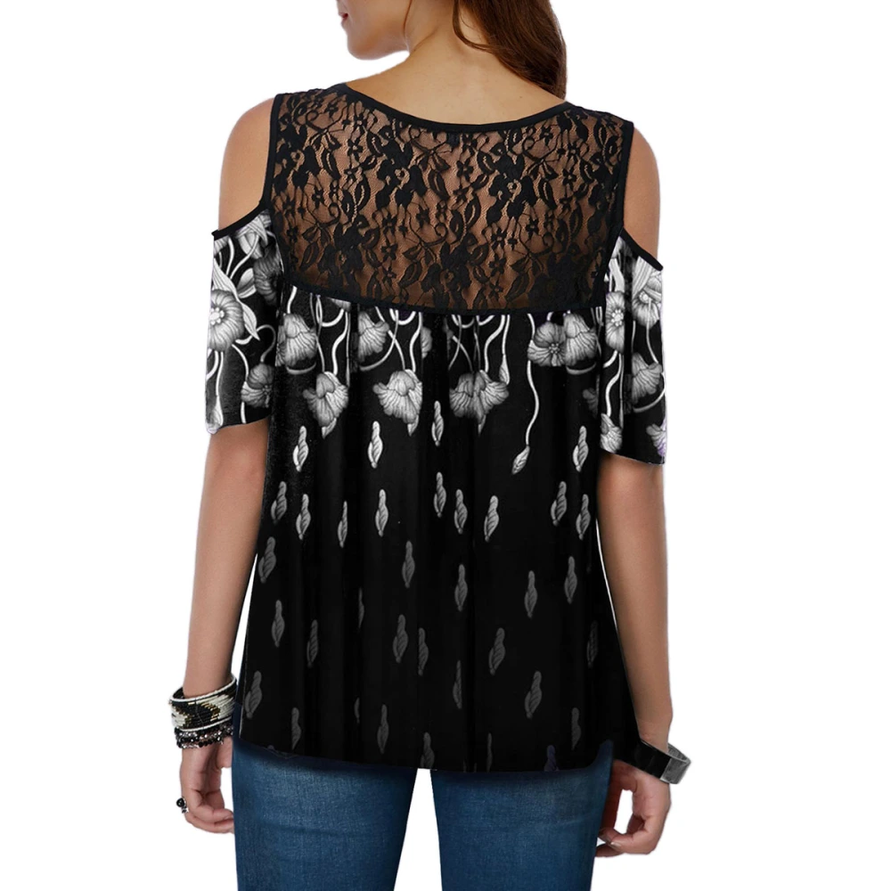 Women's Summer Loose Fit Top Short Sleeve Cold Shoulder Floral T-shirt