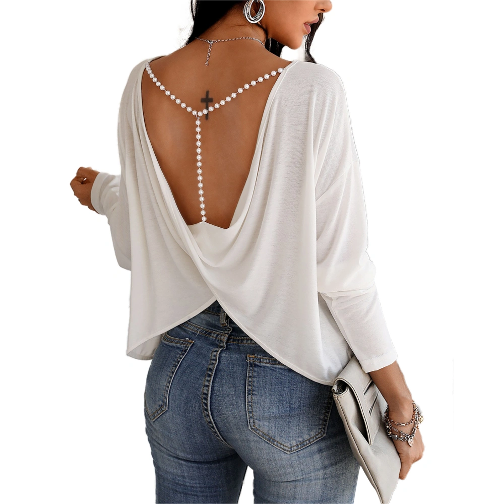 Women Loose Style Pullover, Solid Color Long Sleeve Backless Tops