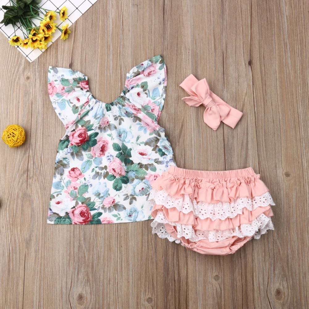 3 Pcs Girl's Suit, Floral Flying Sleeve Top, Lace Falbala Shorts, Headband