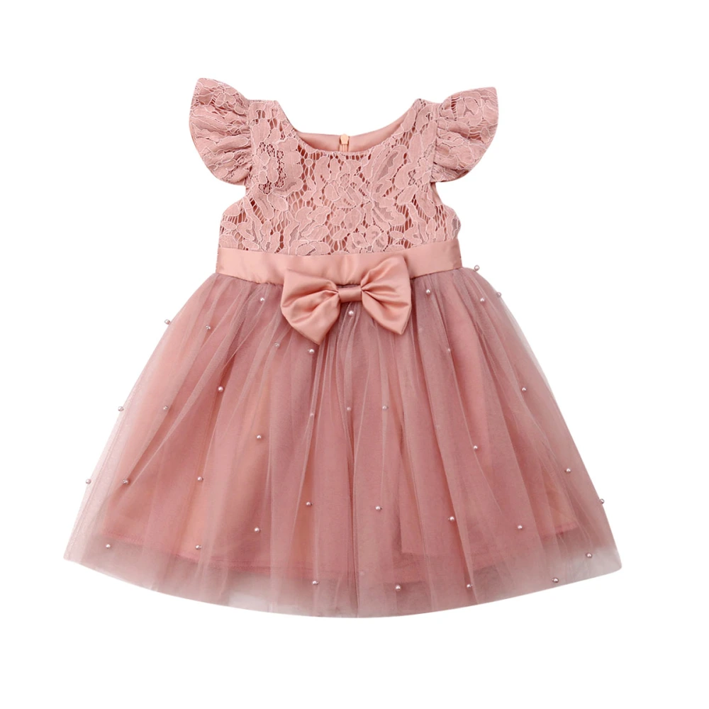 Baby Girls Princess Dress Fly Sleeve Lace Pearl Tulle Patchwork Tutu Sundress