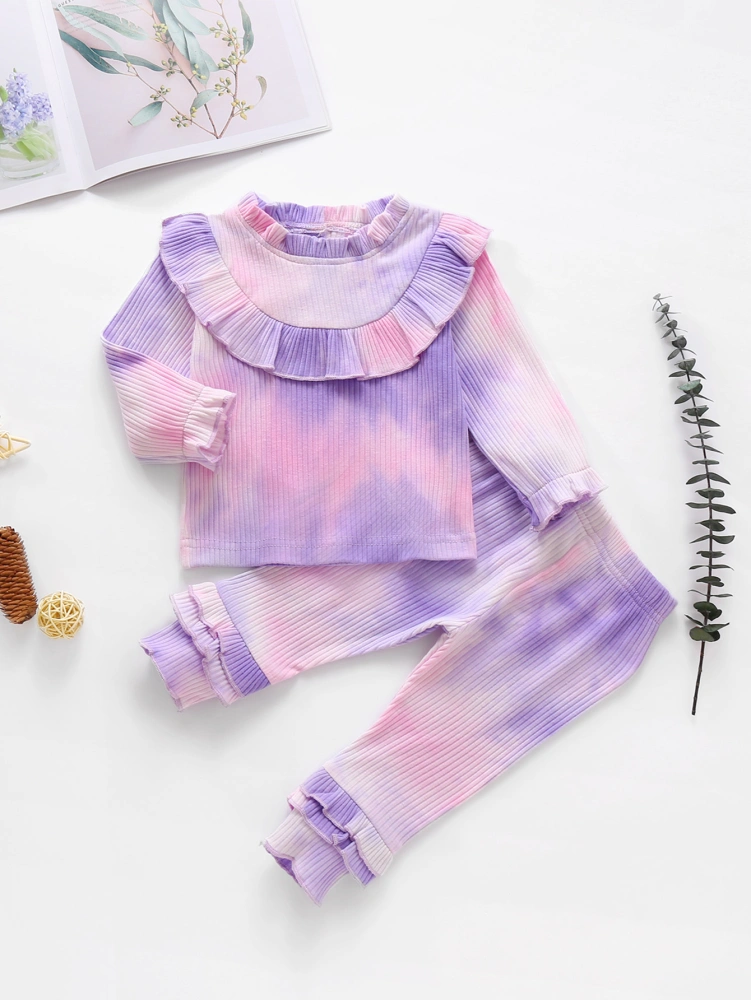 Girl Tie-Dye 2 Pieces Outfit, Ribbed Knitted Tops + Pants Fall Set