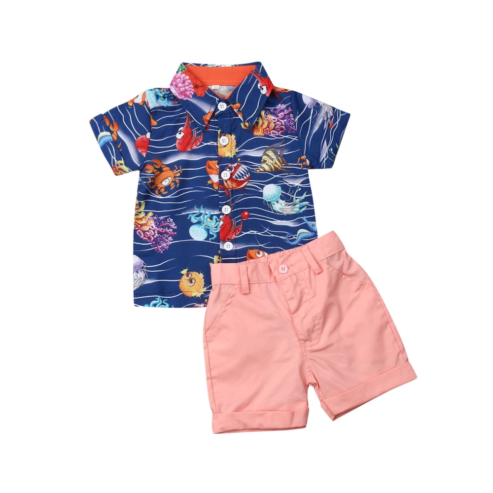 Boys Summer Clothes Short Sleeve Ocean World Print Shirt+Solid Color Shorts