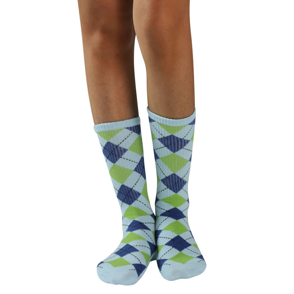 Women Girls Crew Socks, Sweet Floral Argyle Print Cotton Socks