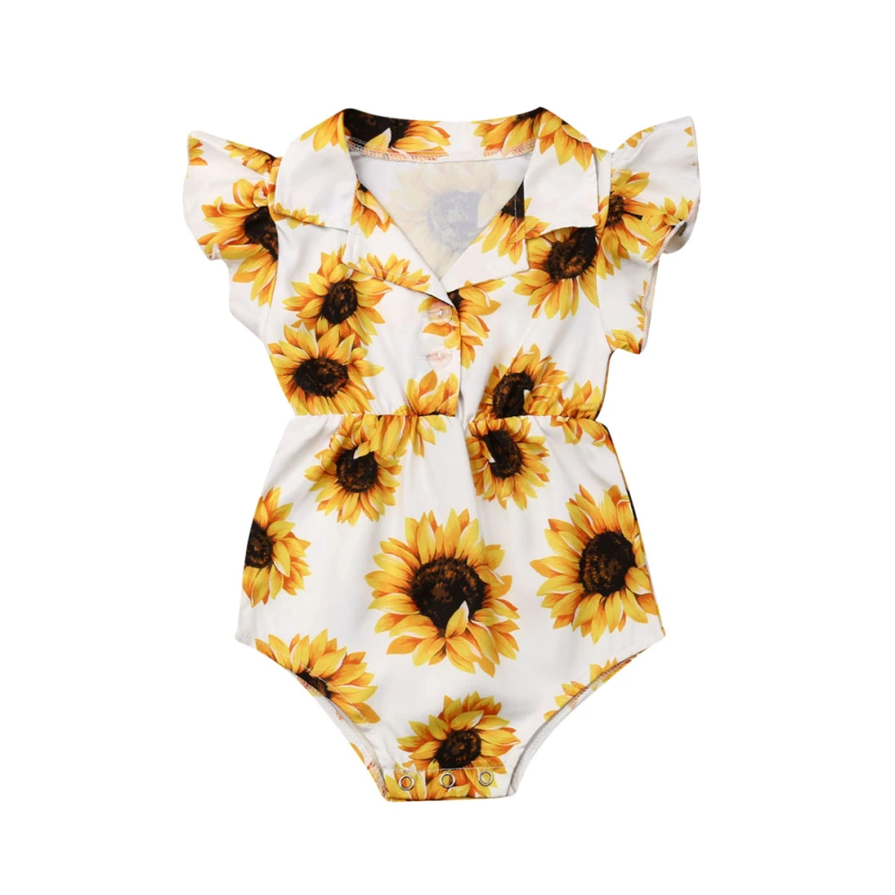 Infant Girl Printed Jumpsuit, Sunflower Flying Sleeve V-Neck Casual Romper