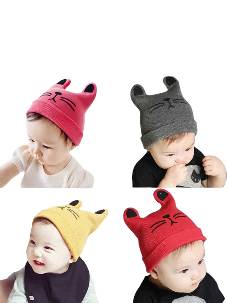 Baby Cap Soft Ears Embellished Cartoon Cat Print Knitted Cute Hat