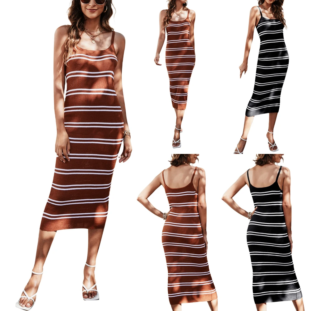 Women Striped Midi Dress, Sleeveless High Waist Knitted Dress