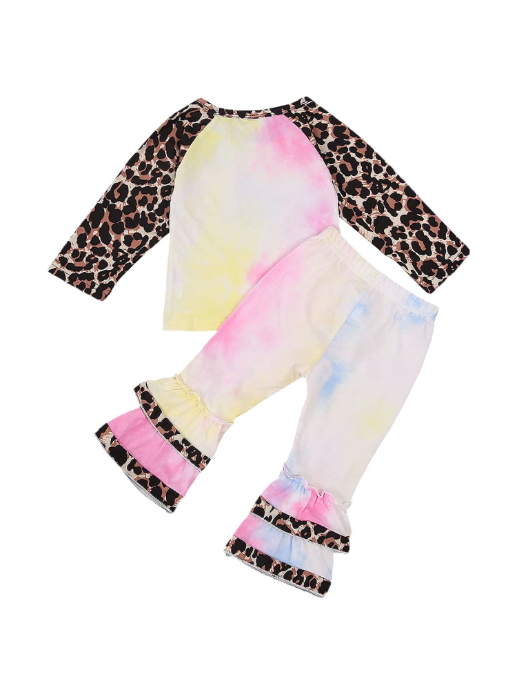 Leopard Tie-dye Long Sleeve Round Neck Front Pocket Pullover + Ruffle Trousers