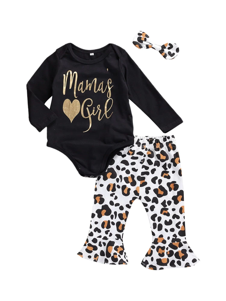 Baby Autumn Clothes Set Long Sleeve Romper+Leopard Bell-bottomed Pants+Headband