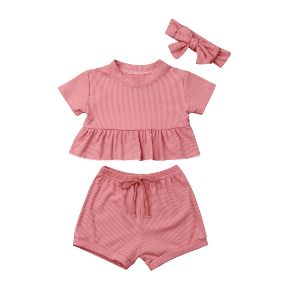 Girls Summer Clothes Set Short Sleeve Ruffle Tops+Ribbed Knit Shorts+Headband