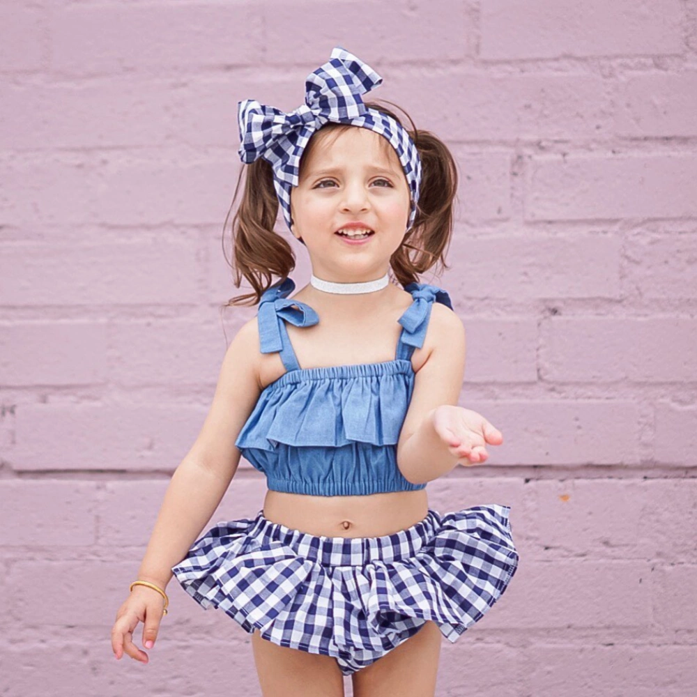 Girl 3 Piece Outfit, Sling Ruffle Crop Tops + Plaid Shorts + Headband