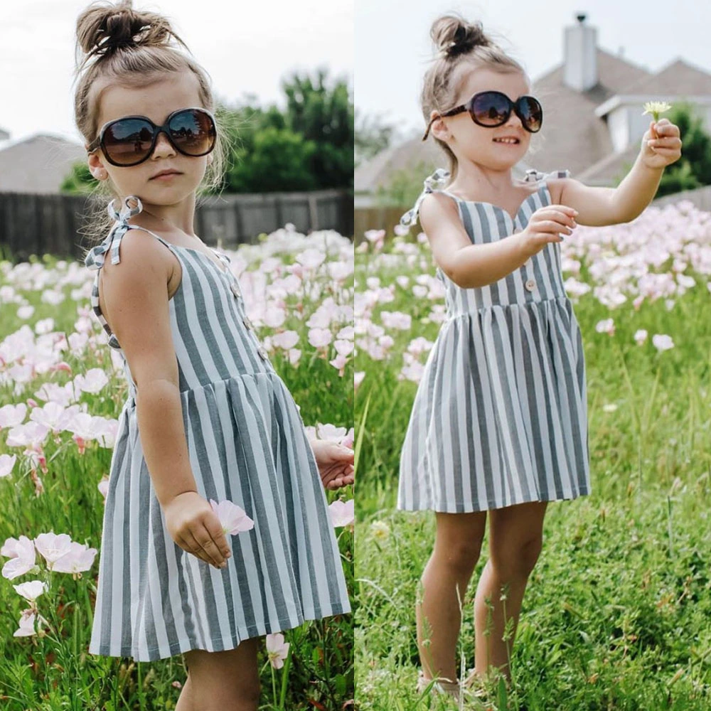 Baby Girls Summer Sleeveless Dress Sing Lace-up V-neck Backless Stripe Sundress