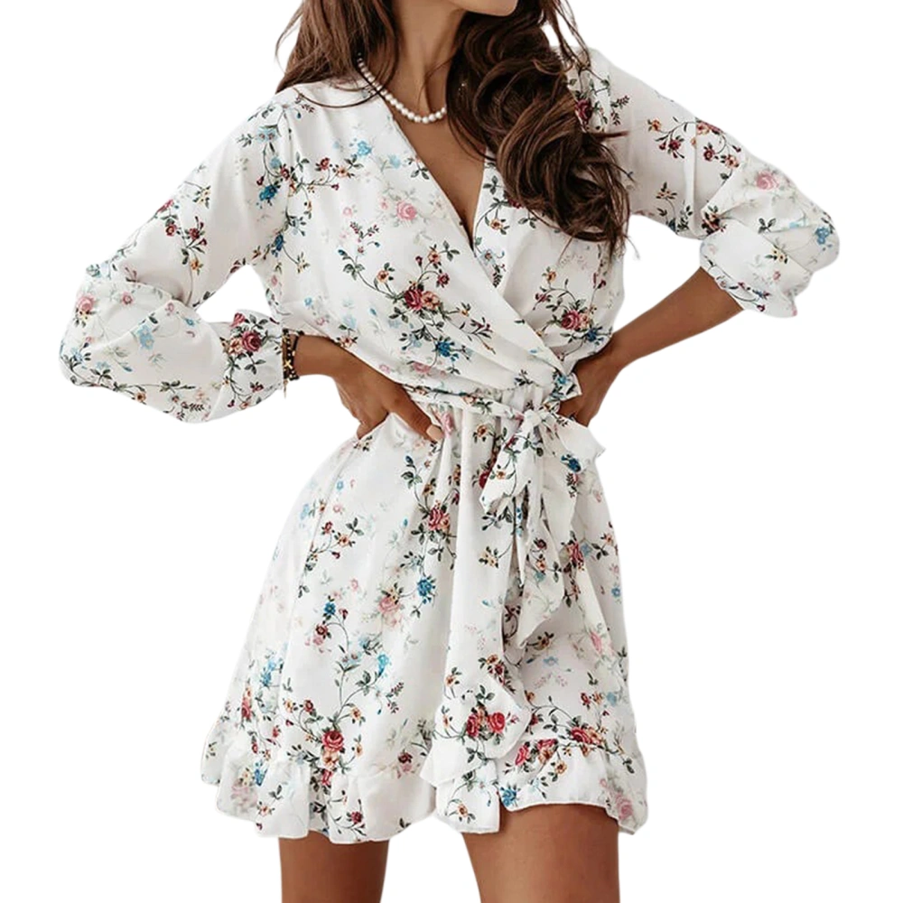 Women Tie-up Ruffle Dress, Flower Print Long Sleeve V-neck One-piece