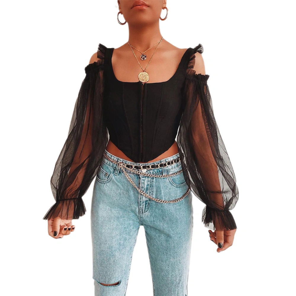 Women Summer Crop Tops, Solid Color Sheer Long Puff Sleeves Blouse