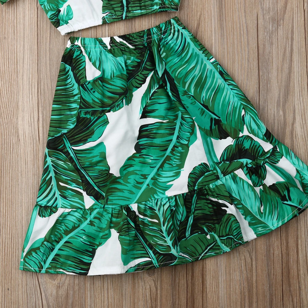 Girls 2 Pieces Outfit, Sleeveless Crop Tops Leaves Print Vest + Skirt Set