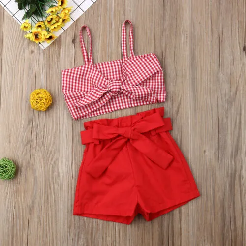 Girl 2 Pieces Outfit, Bowknot Plaids Sling Tops + Solid Color Shorts