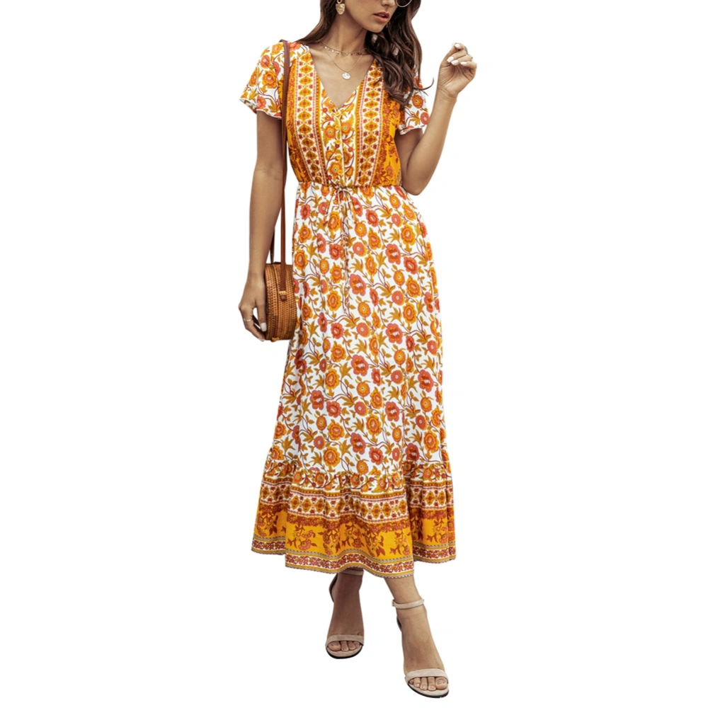 Women's Short Sleeve Deep V Neck Floral Maxi Dress A-Line Long Dress