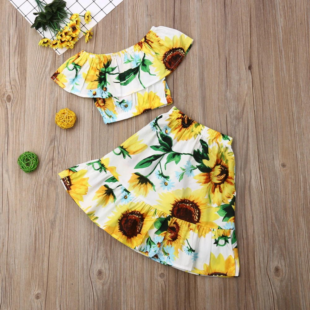 Girl's Off Shoulder Crop Tops + Sunflower Print A-Line Skirt