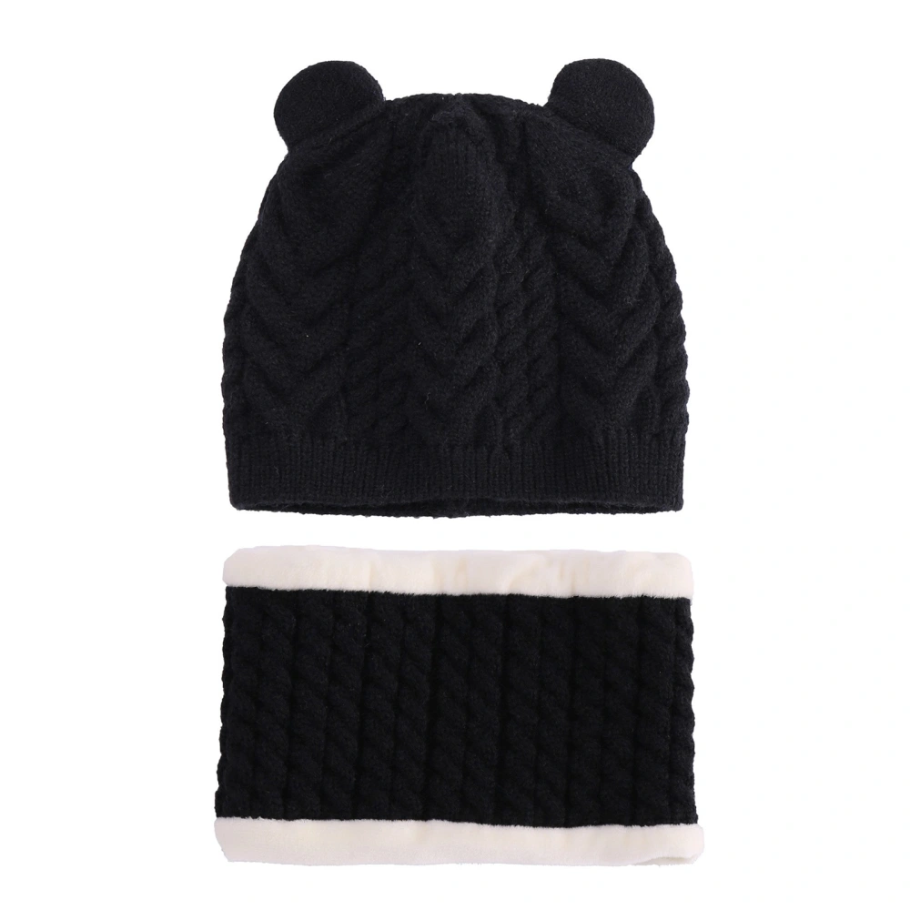 Kids Solid Color Bear Ear Knitted Hat+ Contrast Color Neckerchief