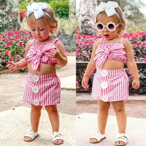 Baby Girls Summer Clothes Set Stripe Bowknot Cropped Camisole+Skirts+Headband