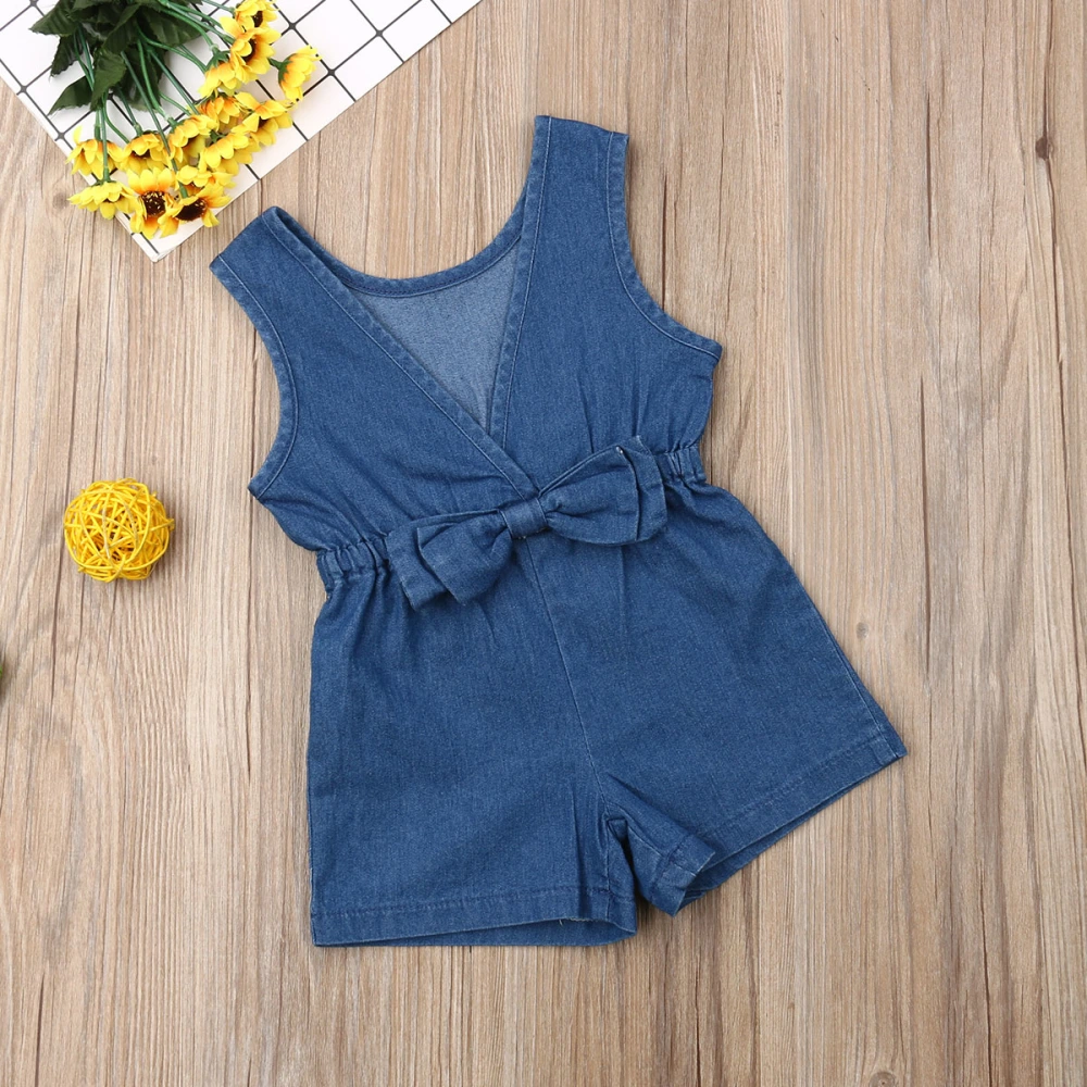 Baby Girls Summer Denim Jumpsuit Sleeveless Solid Color V-neck Bowknot Romper