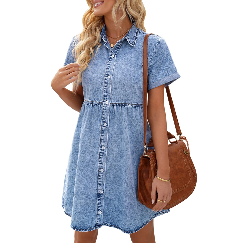 Women Summer Denim Dress, Lapel Short-Sleeve Buttons Casual One-Piece