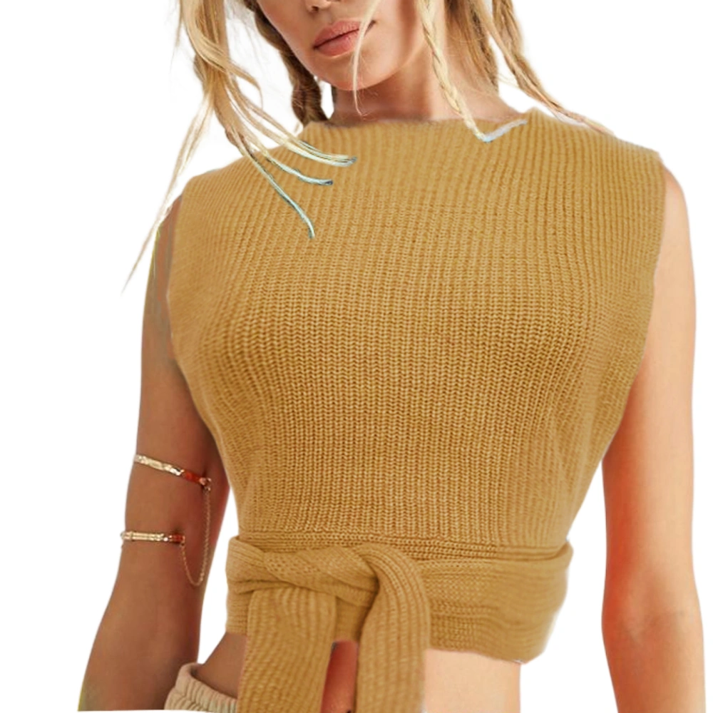 Women Knitted Vest with Strap Decoration, Solid Color Sexy Style