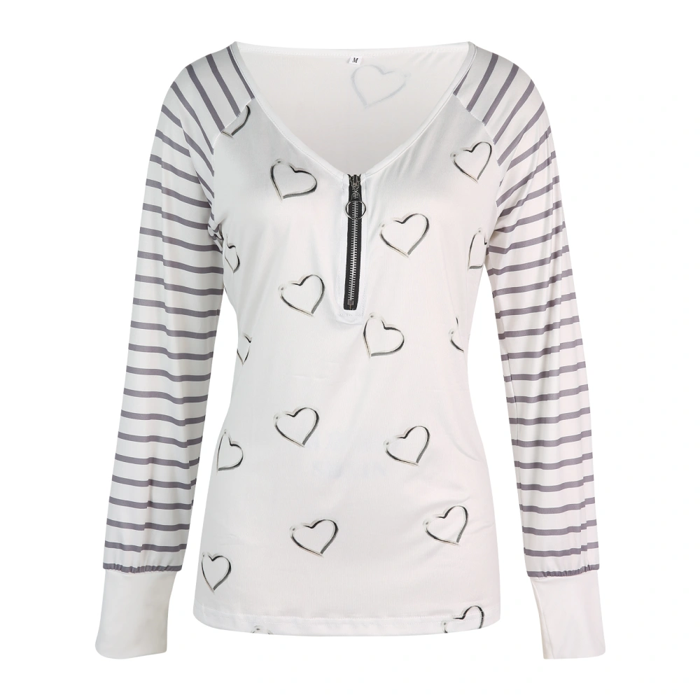 Women Heart & Stripe Print Long Sleeve V-neck Zipper T-shirt