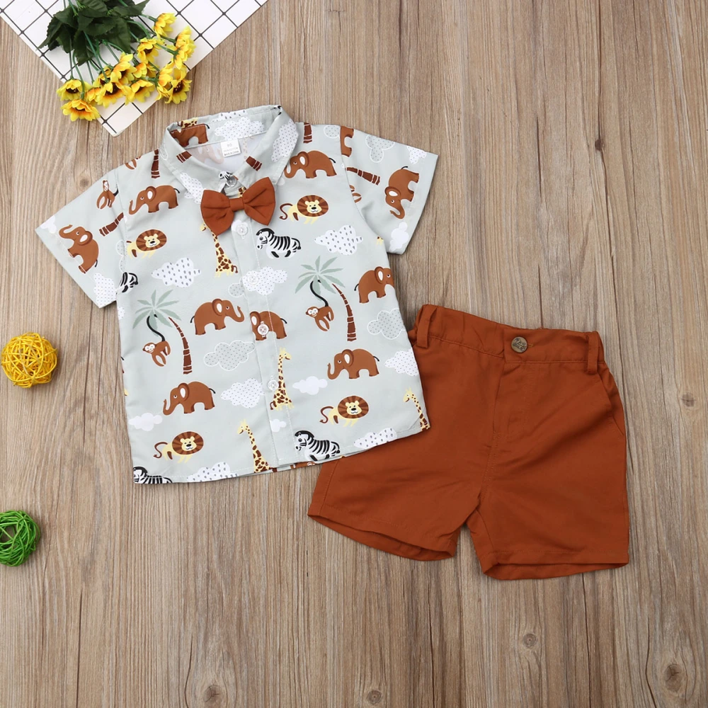 2 Pieces Toddler Boys Printed Animals T-Shirt + Solid Color Short Pants