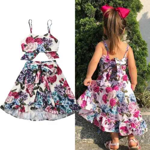 Baby Girls Summer Clothes Set Sleeveless Floral Cropped Camisole+Long Skirt