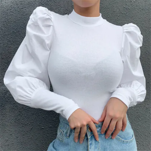 Women's Solid Color Round Neck Blouse Long Puff Sleeve Knitted Top