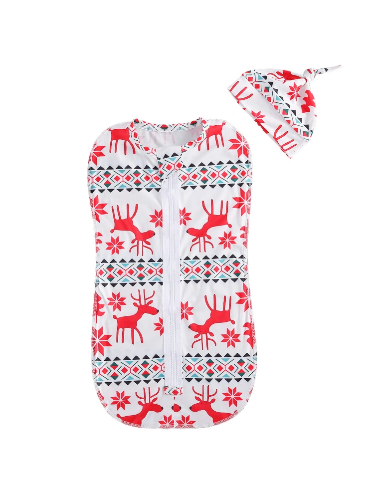 Newborn's Christmas Deer Printed Zipper Sleeping Bag with Hat Set